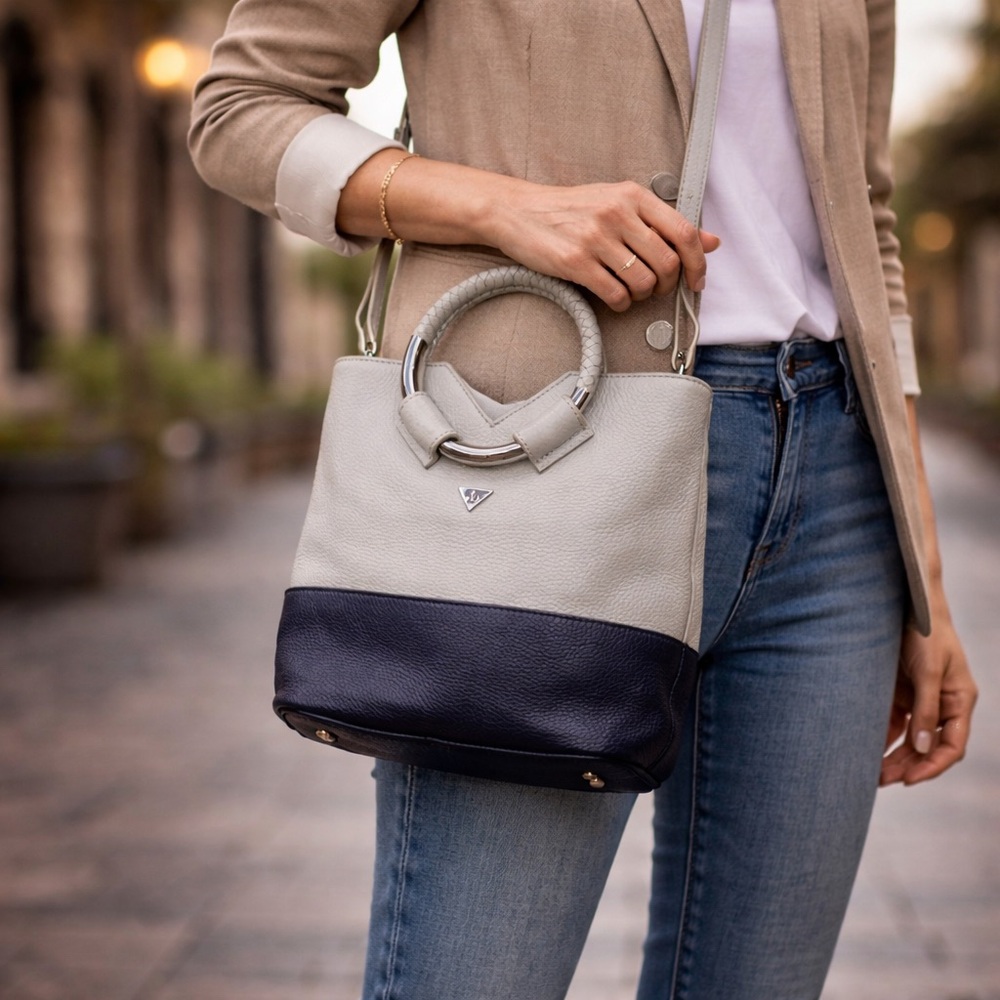Sam Edelman Leather Crossbody Bag Gray Blue Two Tone Ring Handle Structured